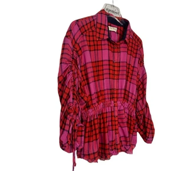 New We The Free People Red Plaid Combo Boho Gathered Peplum Top NWT - Picture 7 of 16